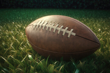 Ball for American football on fresh green field grass. Generative AI