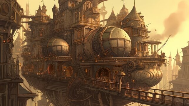Steampunk city with steam powered machinery, clockwork automatons, and airships