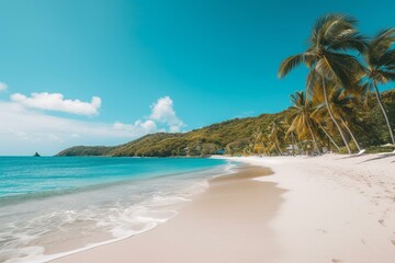 Fototapeta na wymiar Spectacular Caribbean beach scene with azure skies, sandy shore, and swaying palms. Perfect for a dream vacation. Generative AI