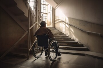 Fototapeta na wymiar illustration, disabled man in a wheelchair standing on stairs, ai generative