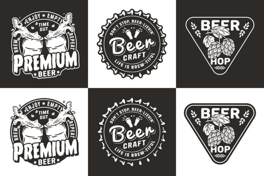 Beer set of brew emblems or craft beer logos with beer cap, hop and bottles. Labels or prints with metal cork for bar, pub or brewery shop