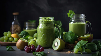 Glass jar mugs with green health smoothie, kale leaves, lime, apple, kiwi, grapes, banana, avocado, lettuce. Raw, vegan, vegetarian, alkaline food concept. Generative ai