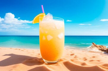 Cocktail on background of tropical landscape. Yellow refreshing drink on sandy beach in sunny weather. Generative AI.