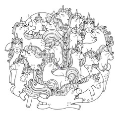 Doodle unicorns circle shape coloring page. Cute mandala with funny fairy tale characters for coloring book. Outline background. Vector illustration