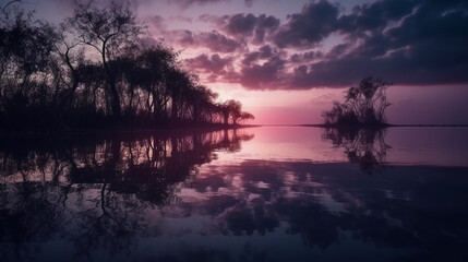 Fototapeta na wymiar A scene in which the entire purple sky is reflected in the water. AI generative