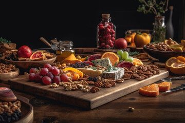 Obraz na płótnie Canvas A beautiful charcuterie board featuring a variety of meats, cheese, and fruit on a wooden board on a table.. Generative Ai
