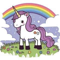 Tuinposter Cartoon unicorn and rainbow. Generative AI illustration © Evarelle