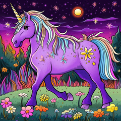 Fototapeta na wymiar Cartoon unicorn at night. Generative AI illustration