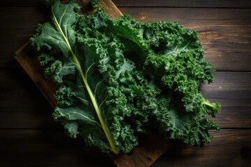 Raw kale leaves of great quality in the corner of a wooden bottom right.
