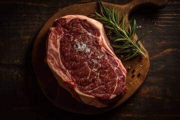 Raw ribeye steak of great quality in wooden corner top right.