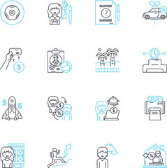 Crew member linear icons set. Dutiful, Dedicated, Reliable, Skilled, Resourceful, Experienced, Alert line vector and concept signs. Trusrthy,Organized,Punctual outline illustrations