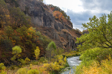 Autumn view on rocky gorge of Arpa river canyon near spa resort city Jermuk, Armenia
