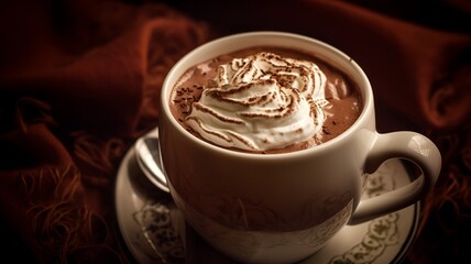 A mug filled with creamy hot chocolate, topped with a dollop of whipped cream and a sprinkle of cocoa powder