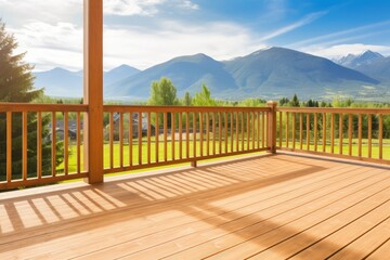 wooden deck with a scenic mountain view in the background. Generative AI