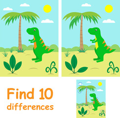 Educational game for kids. Find 10 differences. Illustration with dinosaur and palm tree.
