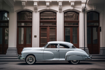 A classic car parked in front of a building with an open door on the left side and windows to the right.. Generative Ai