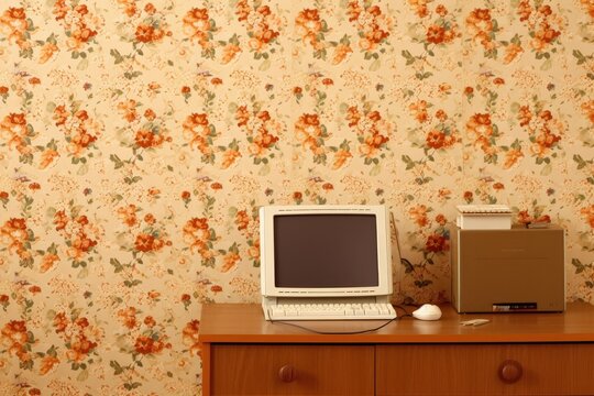 an outdated computer placed on a vintage wooden desk. Generative AI