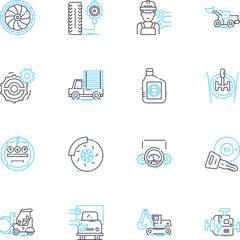 Bike shops linear icons set. Bicycles, Cycling, Repairs, Accessories, Gear, Parts, Maintenance line vector and concept signs. Wheels,Pedals,Tires outline illustrations - obrazy, fototapety, plakaty