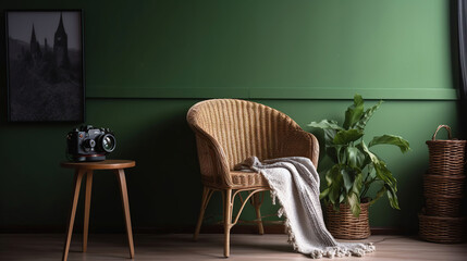 Comfortable wicker armchair with plaid and table near green wall. Banner for design, generative ai