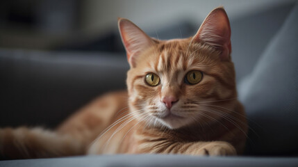 Naklejka premium Cute red cat lying on sofa in living room, generative ai