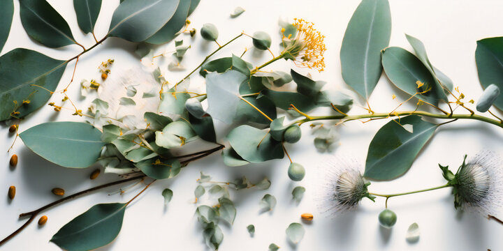 white background with green eucalyptus and leaves