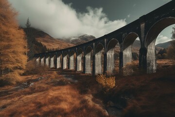A railway viaduct located in Glenfinnan, Scotland. Generative AI - obrazy, fototapety, plakaty