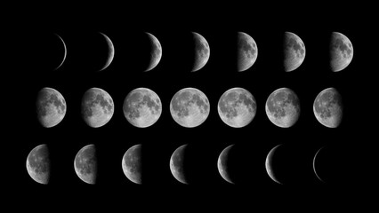 All phases of Moon: Waning Crescent, Third Quarter, Waning Gibbous, Full Moon, Waxing Gibbous,...