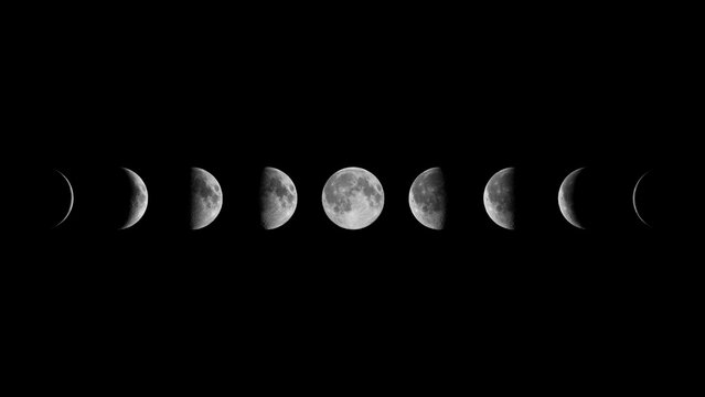 All phases of Moon: Waning Crescent, Third Quarter, Waning Gibbous, Full Moon, Waxing Gibbous, First Quarter and Waxing Crescent against black background