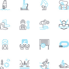Fototapeta premium Wild adventures linear icons set. Safari, Jungle, Trek, Expedition, Rafting, Camping, Hiking line vector and concept signs. Climbing,Paragliding,Bungee jumping outline illustrations