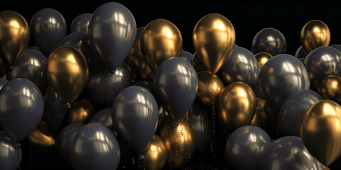 dozens of gold balloons set on a black background