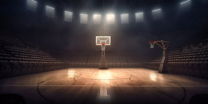 an empty basketball arena with a hoop