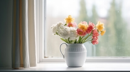 Obraz na płótnie Canvas Spring flowers in vase. Illustration AI Generative.
