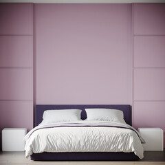 Pastel bedroom in lilac lavender colors. Dusty pink rose walls and a purple violet bed. Mockup blank for art or wallpaper - modern interior design room and furniture. Girl space. 3d rendering