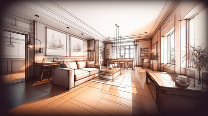 Fototapeta premium Abstract sketch design of interior living. Generative AI