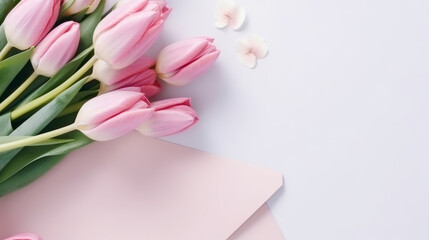 Pink tulips background. Illustration AI Generative.