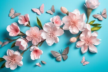 A pink greeting card with almond flowers and butterflies on blue background. Suitable for Mothers Day, March 8 and birthday. Generative AI