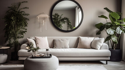 Interior of light living room with comfortable sofa, houseplants and mirror near light wall, gnerative ai