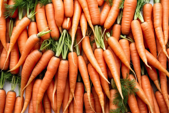 Carrots of high quality on white background, shot from top right angle.