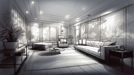 Abstract sketch design of interior living. Generative AI - obrazy, fototapety, plakaty