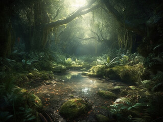 Fototapeta na wymiar Glade in a cinematic magical forest. AI generative