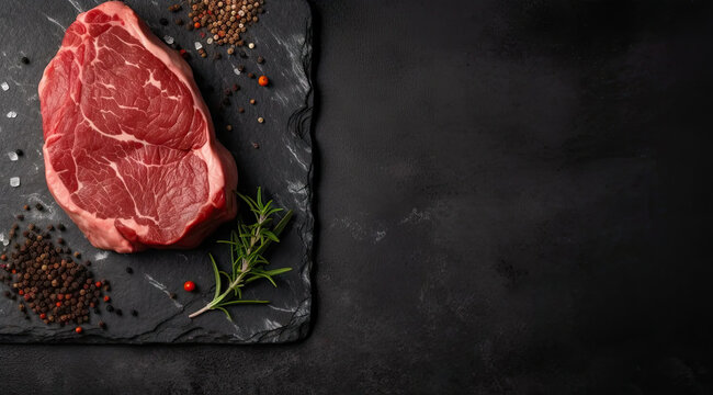 Raw Steak on Slate Background Bottom Right Corner Image.
