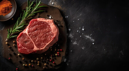 Big Raw Steak on a Slate Background, Top Right Placement