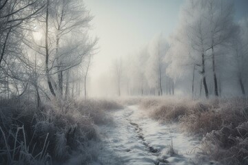 Obraz na płótnie Canvas Winter wonderland of snowy peaceful scenery during gentle snowfall. Generative AI