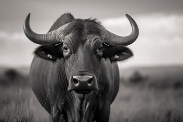 Naklejka premium buffalo looking at camera in black and white, beautiful background, ai generated.