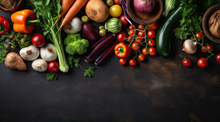 A big slate background with vegetables on the top right.