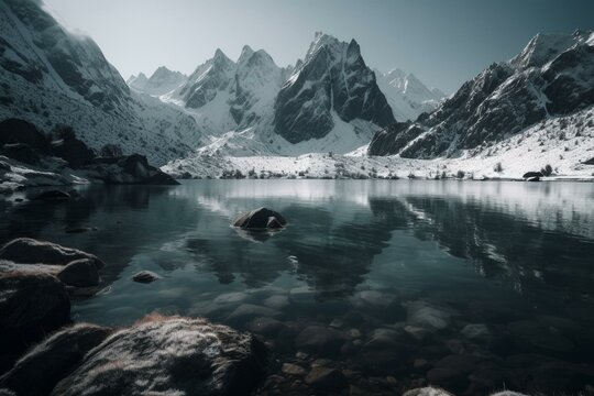 Mountains covered in snow next to a calm lake. Generative AI
