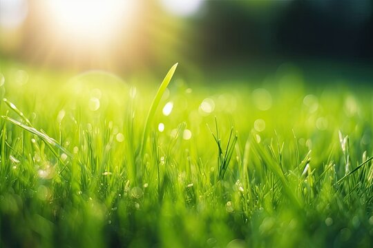 sunny grass field with bokeh effect and sun flare. Generative AI