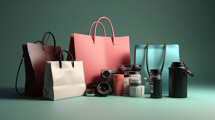 Shopping bags like electronics, shoes, cosmetics. Shopping business concept, 3d illustration, generative ai