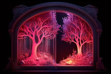 Elaborate Glass Window Frame with Trees, Vines Twisted Trunks 3D Red PInk Dark Generative AI