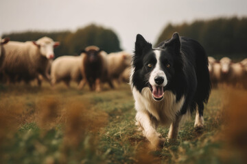 Boder collie dogs running after sheep in a beautiful field, ai generated.
